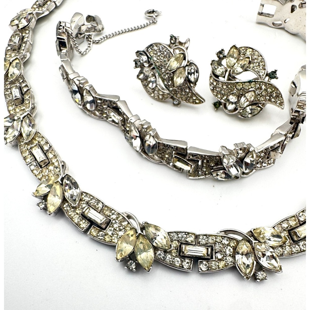 Vintage Trifari Necklace Bracelet Earring Set Rhinestone Parure 1950s MCM READ